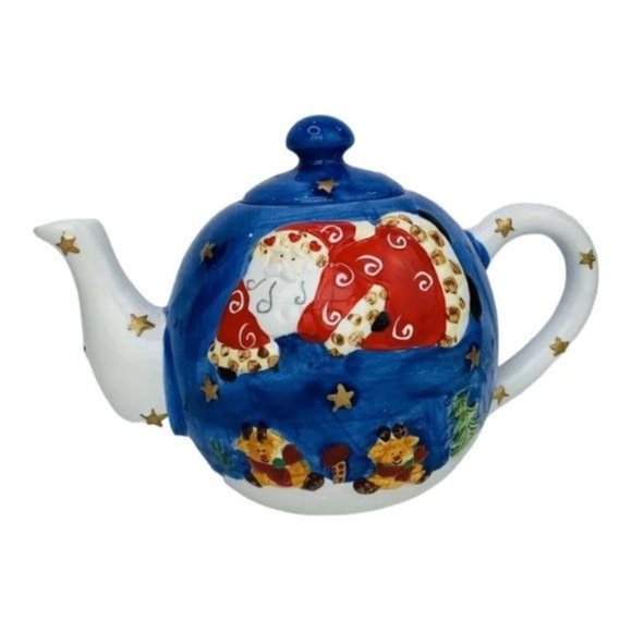 Santa Claus Christmas Pottery Vintage Hand Painted Ceramic Teapot With Lid - Picture 10 of 10